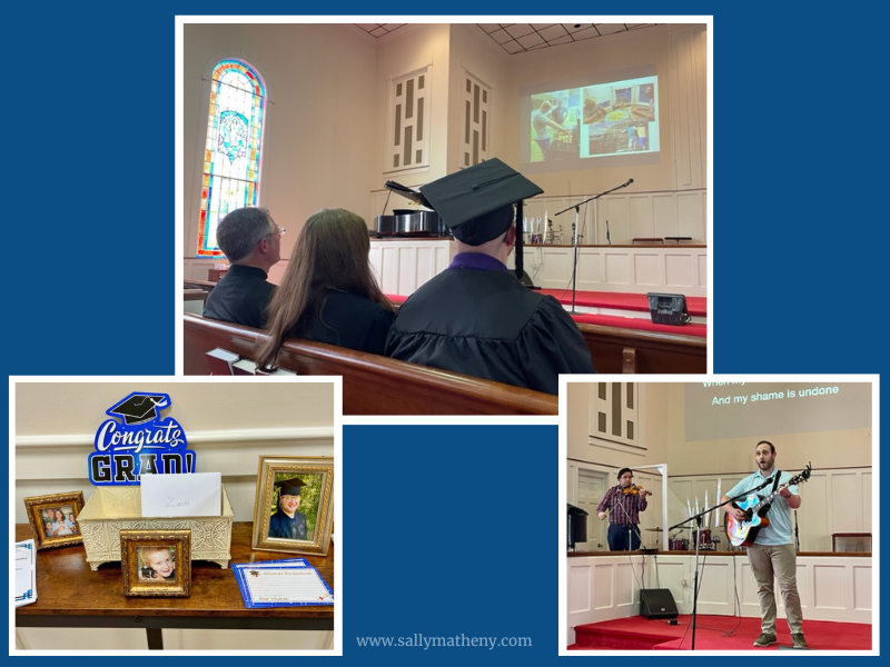 Shows 3 phtotos: one is of homeschool graduate watching video presentation with parents, a table with photos of graduate, and two men singing and playing instruments.