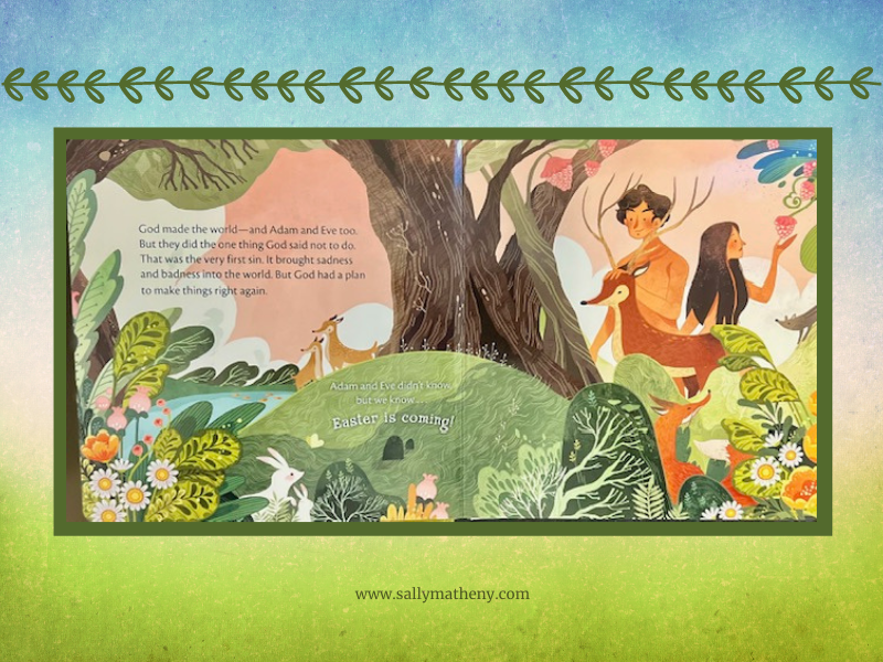 Shows pages 3-4 of EASTER IS COMING. Adam and Eve with animals plus book text.