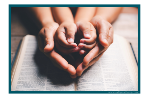 Shows adult hands cupping child's hands. Text: 5 Prayers to Teach Our Children