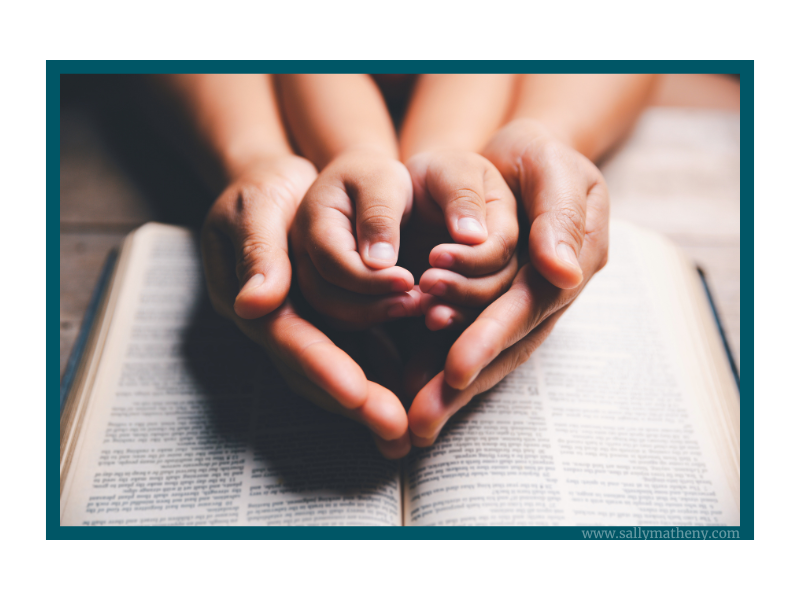 Shows adult hands cupping child's hands. Text: 5 Prayers to Teach Our Children