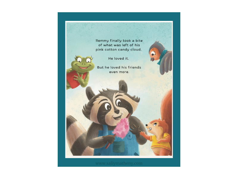 Inside illustration from Remmy's Sticky Situation picture book by Cindy Sawyer. Remmy is eating pink cotton candy surrounded by his animal friends.