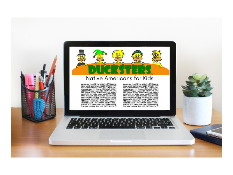 Laptop with Ducksters.com header. Title showing is "Native Americans for Kids."
