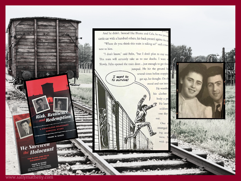 Shows front cover of Risk, Resilience, and Redemption and an inside page. Also, shows the cover of the graphic novel, We Survived the Holocaust. Shows photo of the couple.