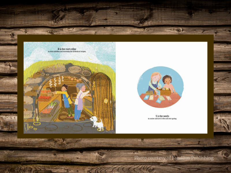 Shows illustrations from the book, M is for Mason Jar. Shows a root cellar and children with seeds.