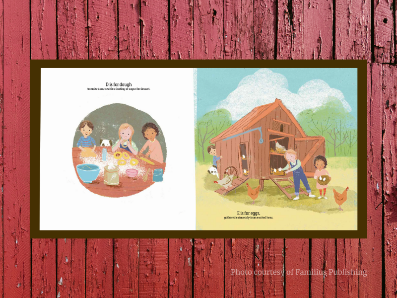 Inside spread from M is for Mason Jar. Illustrations for D (dough) and E (eggs).