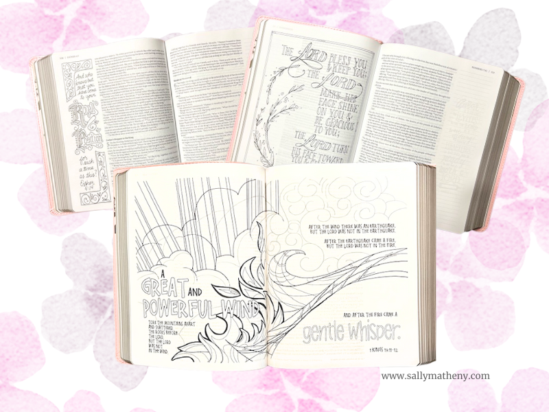 Shows three examples of the black line drawings inside The NIV Beautiful Word Coloring Bible.