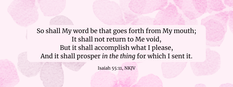Text: "So shall My word be that goes forth from My mouth; It shall not return to Me void, But it shall accomplish what I please, And it shall prosper in the thing for which I sent it." Isaiah 55:11 NKJV