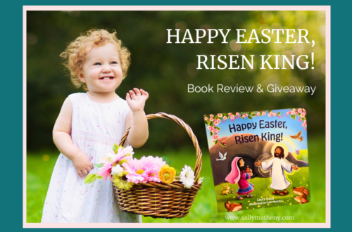 Toddler with flower basket and book: HAPPY EASTER, RISEN KING