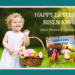 Toddler with flower basket and book: HAPPY EASTER, RISEN KING