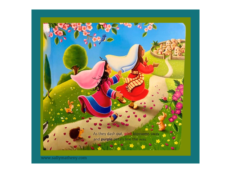 Illustration of two women running. Text: "As they dash out, pink blossoms sway and purple petals line the way." From HAPPY EASTER, RISEN KING.