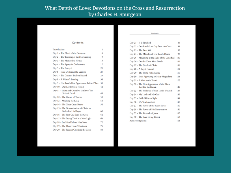 The Contents page from WHAT DEPTH OF LOVE by Charles H. Spurgeon.