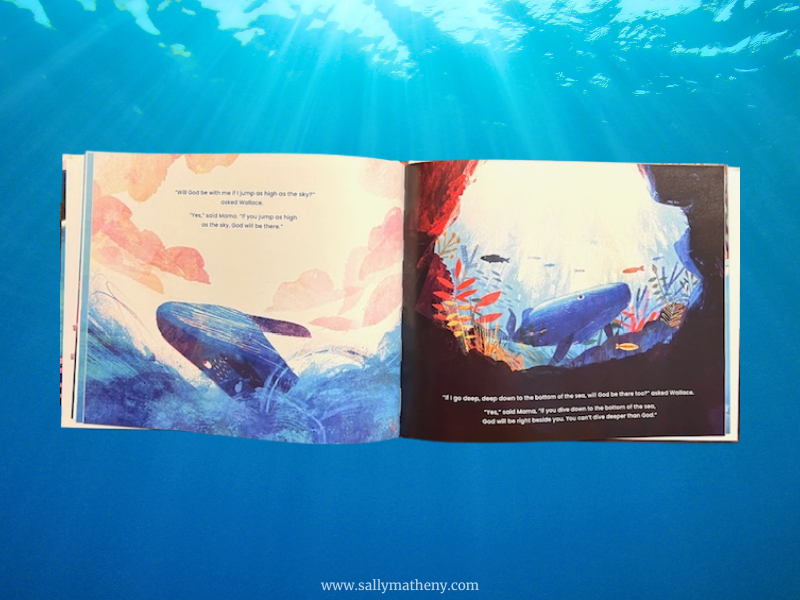 Shows a whale jumping high and a whale down at the bottom of the ocean floor.