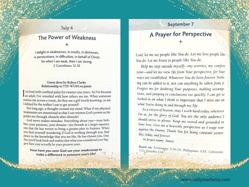 Inside pages from Tim Tebow's MISSION POSSIBLE devotional book. (July 4 and Sept. 7)