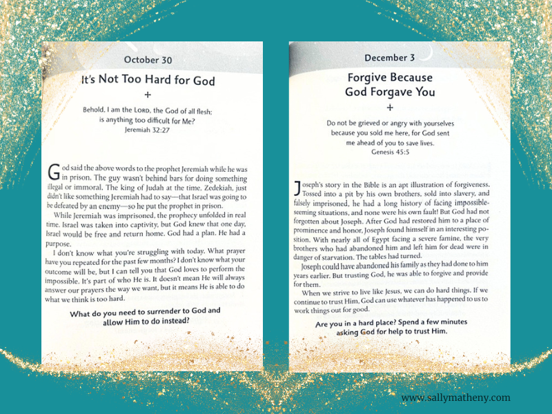 Inside pages from Tim Tebow's MISSION POSSIBLE devotional book.
(Oct. 30 and Dec. 3)