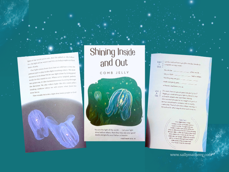 Inside pages of the devotion "Shining Inside and Out: Comb Jelly" in the devotional book, WILD FAITH by Valerie Ellis.