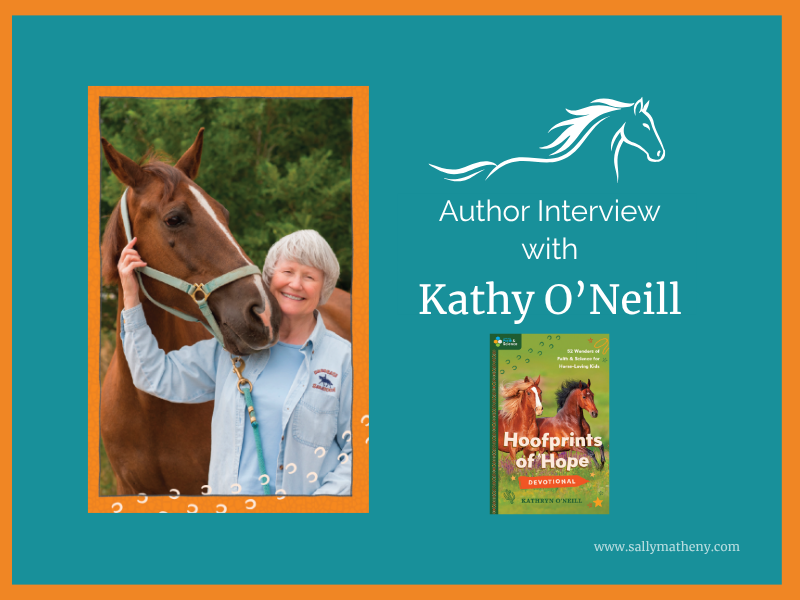 Shows picture of Kathy O'Neill standing beside a horse. Text: Author Interview with Kathy O'Neill