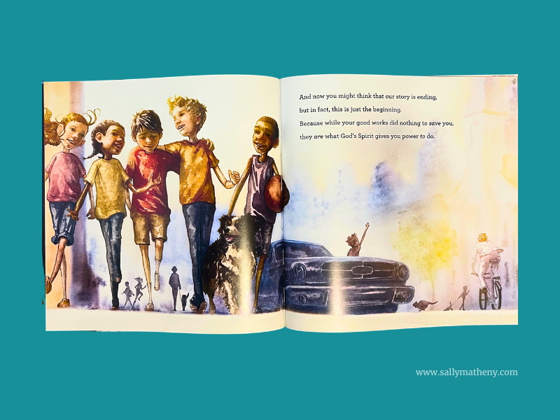 Inside illustration in THE SPIRIT IN YOU shows five smiling children talking to each other as they walk down the street.