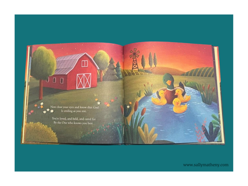 Shows red barn with ducks in a pond from inside the book, GOD'S GENTLE CARE.