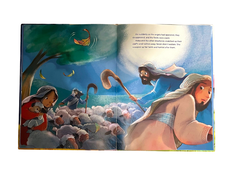 Inside illustration of shepherds with sheep and Serah holding a lamb. From Serah and the First Christmas by Tama Fortner.