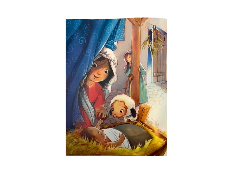 Shows illustration of a little girl looking at Jesus in the manger and another little girl in the background looking on. From Serah and the First Christmas.